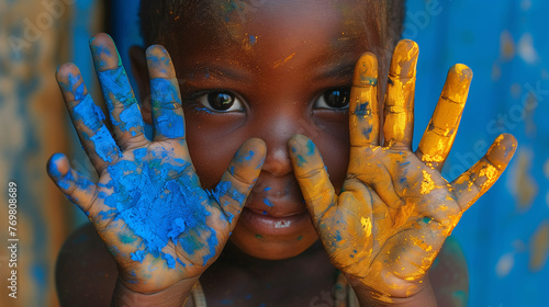 Portrait of an African boy shows his palms painted with blue and yellow paint photo