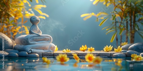 Massage Therapy Figure Amid Tranquil Nature Setting with Lotus Flowers Bamboo and Calming Reflection Pool