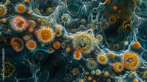 Microscopic world full of life, intricate patterns and formations of microorganisms photo