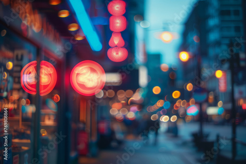 Shopping district with blurred the neon signs and illuminated storefronts casting a soft glow. Generative AI © barmaleeva