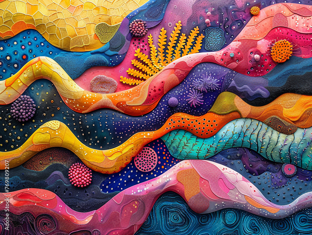 A vibrant, abstract representation of Vibrio vulnificus, using bold colors and shapes to depict its presence in warm coastal waters.
