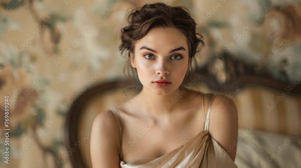 Naklejka premium Young woman in an elegant beige silk dress
