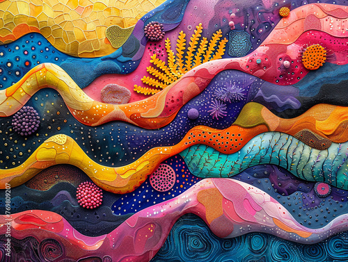 A vibrant, abstract representation of Vibrio vulnificus, using bold colors and shapes to depict its presence in warm coastal waters. photo