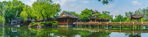 China Suzhou garden landscape banner,created with Generative AI tecnology.