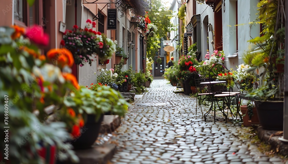 Charming narrow alley with colorful flowers in pots and a table with two chairs