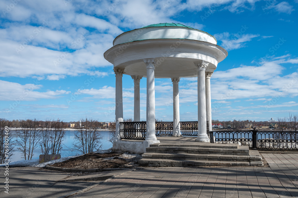 White air Rotunda on the high Bank of the Volga river in ancient russian town of Yaroslavl.