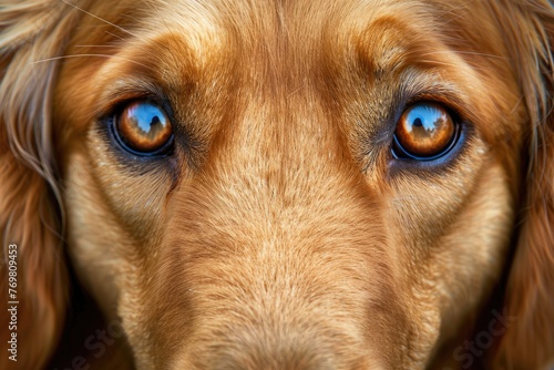 A dog with brown fur and blue eyes