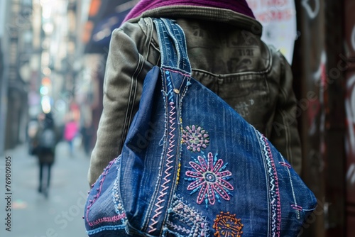 embroidered denim handbag on a models shoulder, urban background