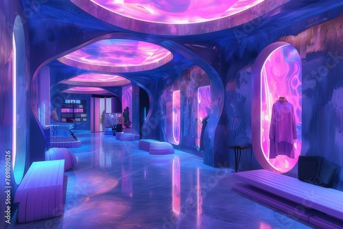 Fashion technology pop-up store Inside the Metaverse Royal blue  pink and purple  spaceship architecture. 