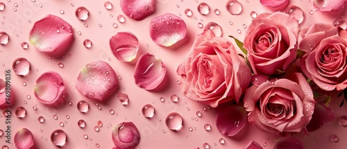   Pink roses on a pink surface with water droplets