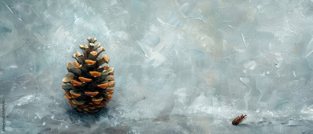 A pine cone rests atop a wooden table, beside a slice of fruit A pine cone rests atop a wooden table, beside a slice of fruit