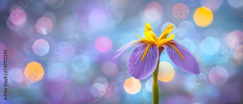   A purple flower with yellow stamens in front of a blue-purple boke of blurry lights