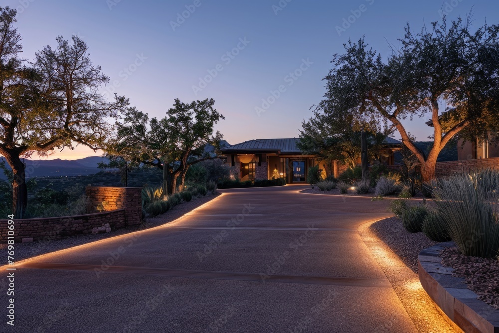 The driveway of an upscale home in Arizona at dusk, with LED lights illuminating the paved area leading to the front door. Generative AI The driveway of an upscale home in Arizona at dusk, with LED lights illuminating the paved area leading to the front door. Generative AI