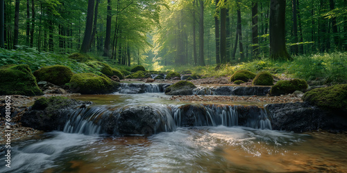 Enchanting forest stream with subtle rocks and flowing water