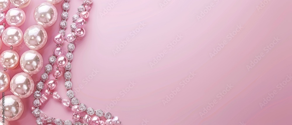 A pink background with a collection of pearls on it, adorned with a chain of pearls below A pink background with a collection of pearls on it, adorned with a chain of pearls below