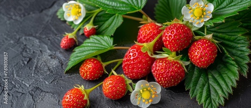   A cluster of red strawberries with green foliage and white blossoms on a dark background  featuring a central white bloom in the photo