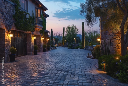 Elegant home with a large stone driveway and landscaping, at dusk, lit by warm outdoor lights Generative AI © SKIMP Art