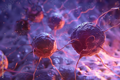 Microscopic View of Invasive Cancer Cells Attacking Healthy Tissue,Highlighting the Devastating Potential of the Disease