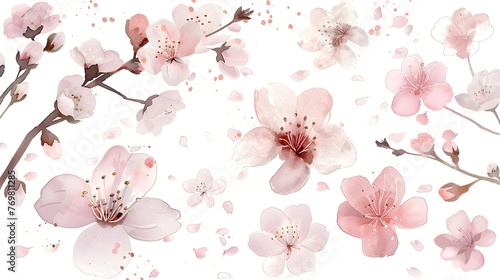 Soft Pink and White Watercolor Cherry Blossom Floral Background with Delicate Petals and Branches