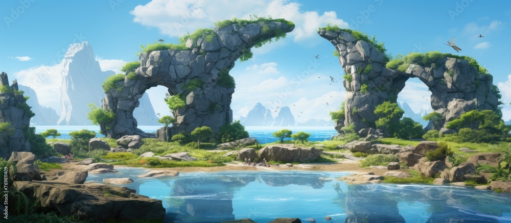 A digital artwork depicting a natural landscape with rocks, a serene river, lush greenery, and a clear blue sky with fluffy clouds