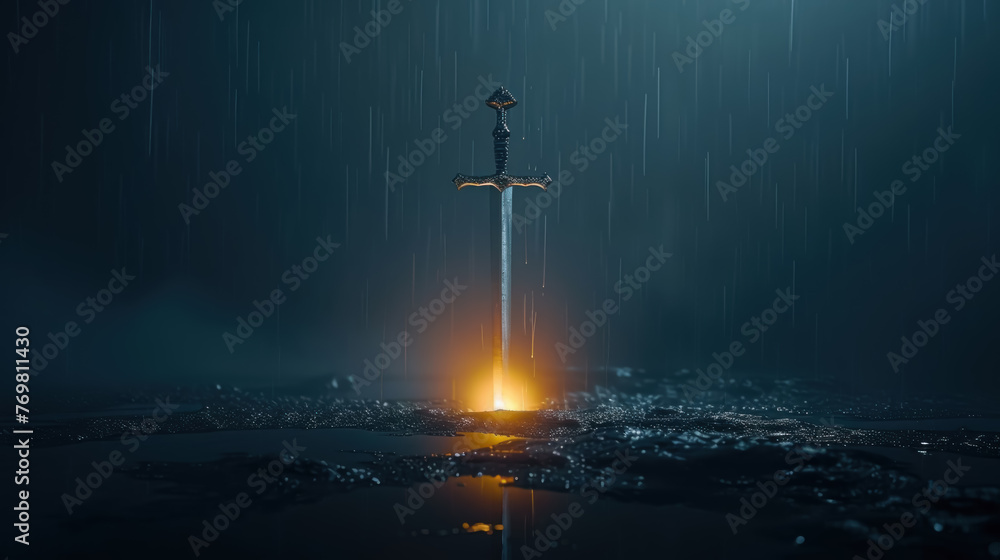 Naklejka premium A sword forged from the tears of the wronged, glowing brighter with each act of justice, sheathed in a scabbard of hope.