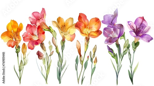 Vibrant Watercolor Freesia Flowers in Bloom with Fragrant Floral Arrangement © Mickey