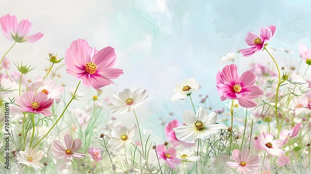 Delicate Watercolor Cosmos Flowers in Soft Pink and White Hues Forming a Serene Floral Backdrop