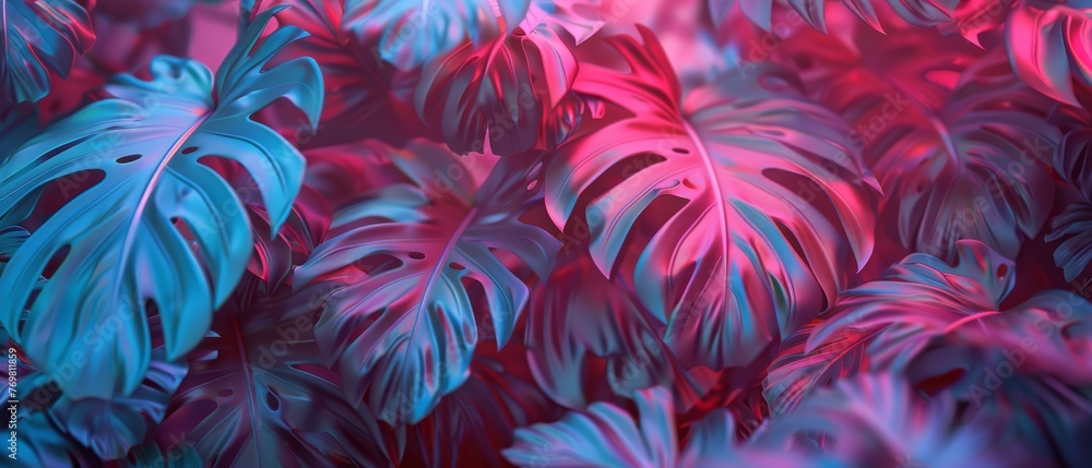 Close-up of green and pink leaves against red and blue backdrop with blurry leaf images Close-up of green and pink leaves against red and blue backdrop with blurry leaf images