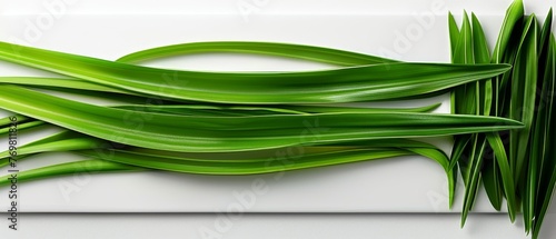  A close-up photo of a white cutting board adorned with green grass blades on top