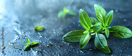   A cluster of moistened green foliage resting atop damp earth alongside droplets of water