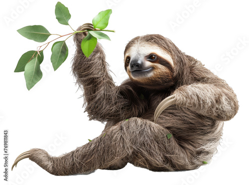 Sloth with Green Eucalyptus Leaves Branch Isolated