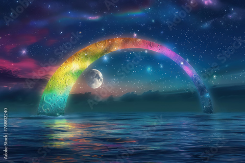 A bridge of rainbows connecting moons, walked by those seeking peace among the stars, with each step a melody harmonizing with the cosmos. © Pongsapak
