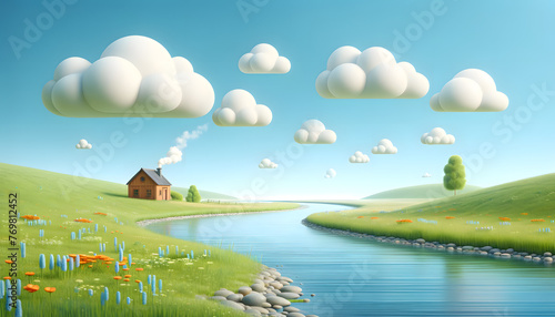 A simple serene landscape that invokes happiness, featuring a wide gently flowing river under a clear blue sky.