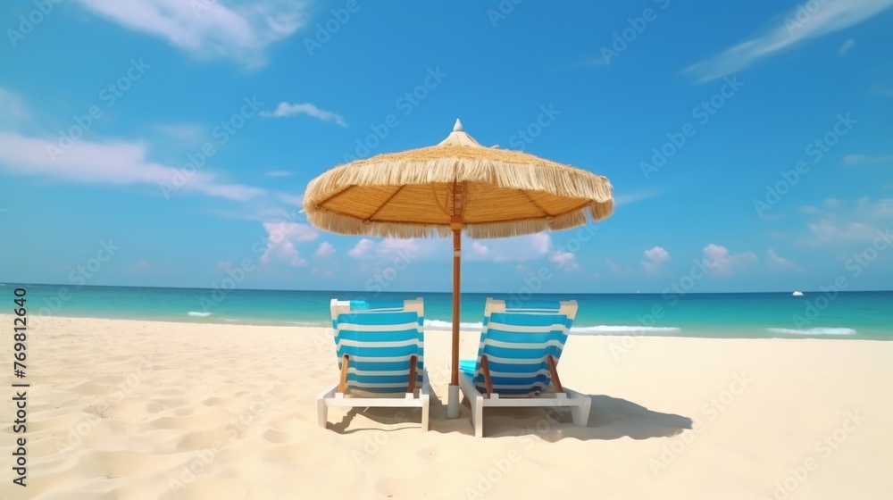 Beach holiday lounging chairs under sun umbrella vacation background
