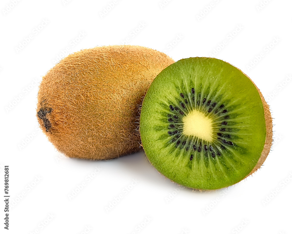 Kiwi whole and half isolated on white background. Ripe kiwi with emerald flesh. Kiwi whole and half isolated on white background. Ripe kiwi with emerald flesh.
