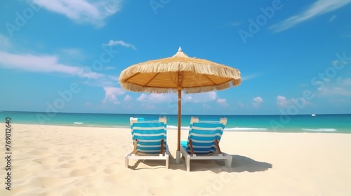 Beach holiday lounging chairs under sun umbrella vacation background 