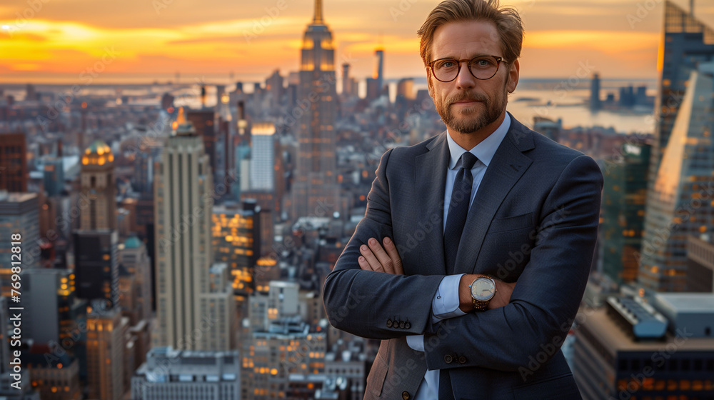 Confident businessman with crossed arms standing against a city skyline at sunset. Confident businessman with crossed arms standing against a city skyline at sunset.