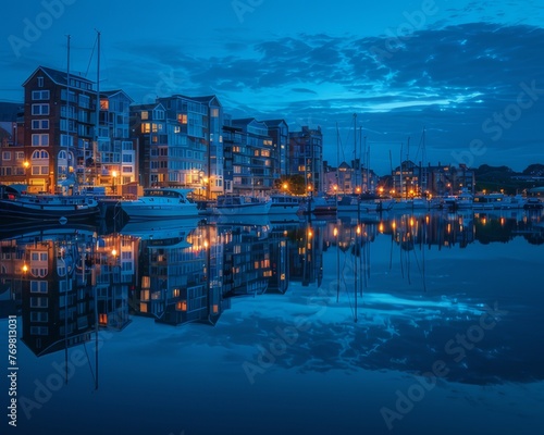 Port city with mirror reflection and starry sky © wpw