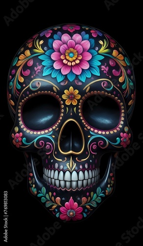Iridescent day of the dead skull on a black background. AI Generated.
