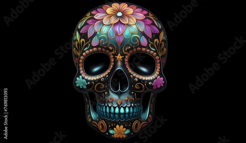 Iridescent day of the dead skull on a black background. AI Generated.