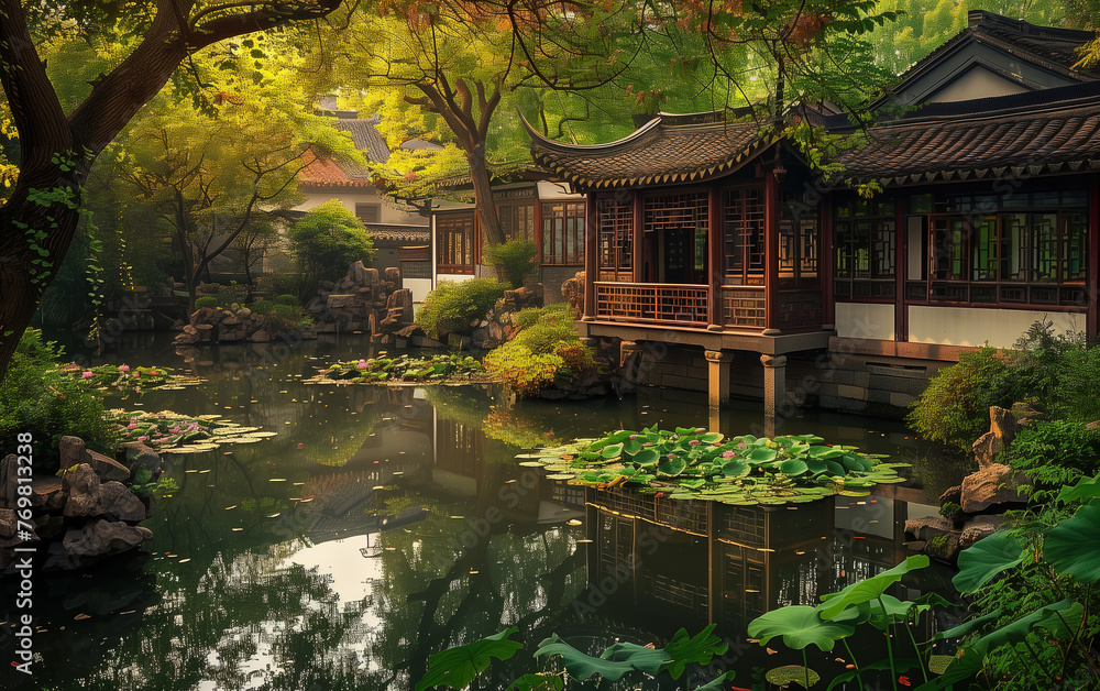 Suzhou garden scenery, China,created with Generative AI tecnology.