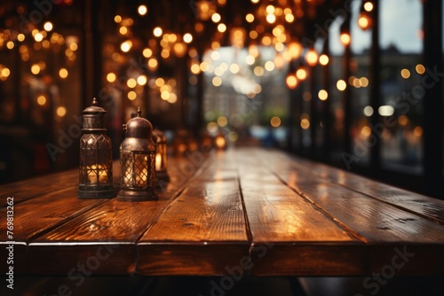 Two Lanterns Illuminating Wooden Table Generative AI