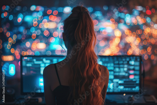 Back View Of Caucasian Woman Enjoying 3D Cyberspace With Animated Social Media Interfaces, Online Video Games, Viral Videos, Internet Content. Visualization 