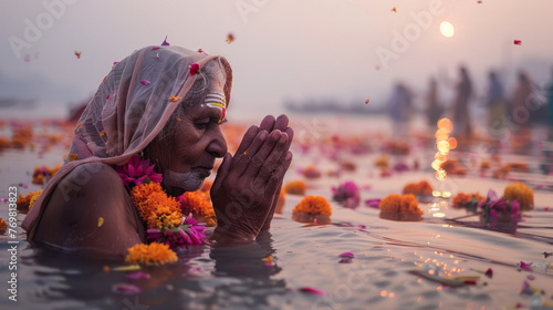 A peaceful sunset scene with a woman performing a flower offering in a ritual, with a serene expression
