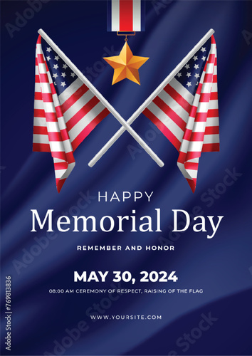 Design of the flyer of Memorial Day sale. Color background with air balloons and with a garland from American flags. American Memorial Day, civil war, labor day celebration poster, vector illustration