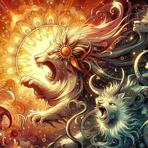 Majestic lions roar with mystical energy  cosmic aura  and vibrant fantasy art illustration