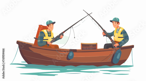 Fishermen in boat flat cartoon vactor illustration