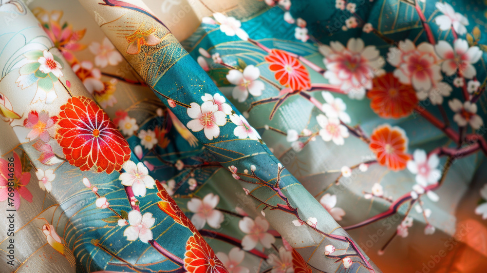 Luxurious rolls of kimono fabric with gorgeous floral designs, perfect for fashion and design