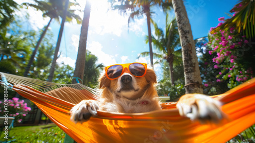 Dog wearing sunglasses relaxing in hammock on a sunny day, perfect for travel and leisure themes