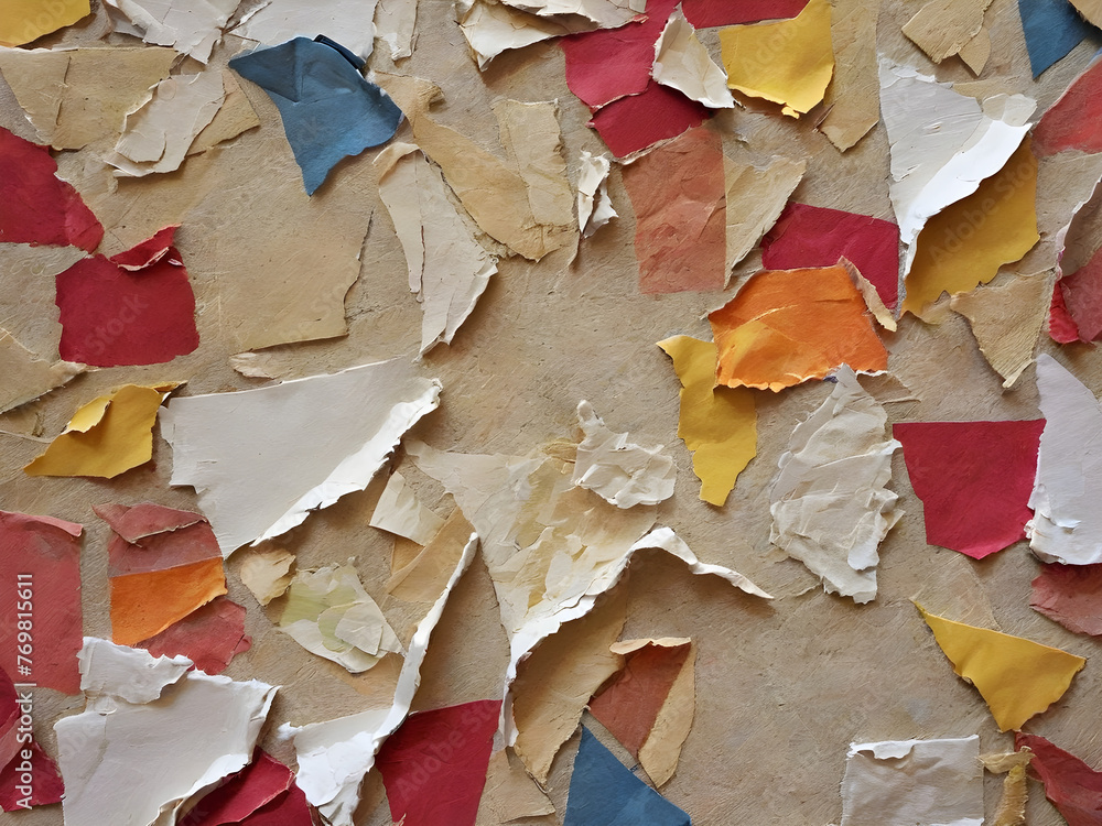 Torn paper collage on textured paper backgrounds leave lasting ...